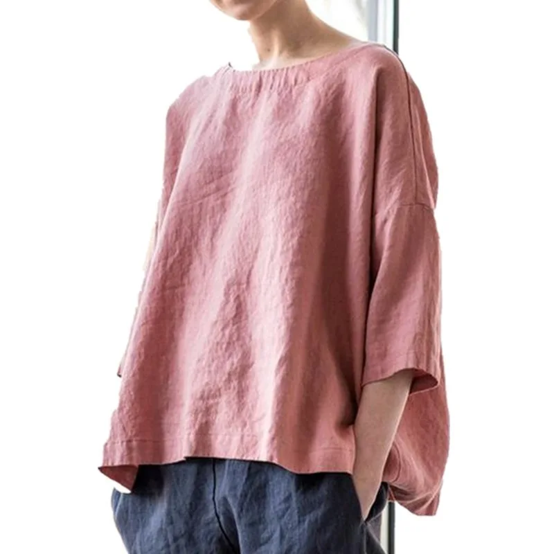 

Cotton Linen Top Women Summer Fall Vintage Batwing Loose Blouses Casual Solid Color Pink Blue Woman Clothes Blusas Femininas