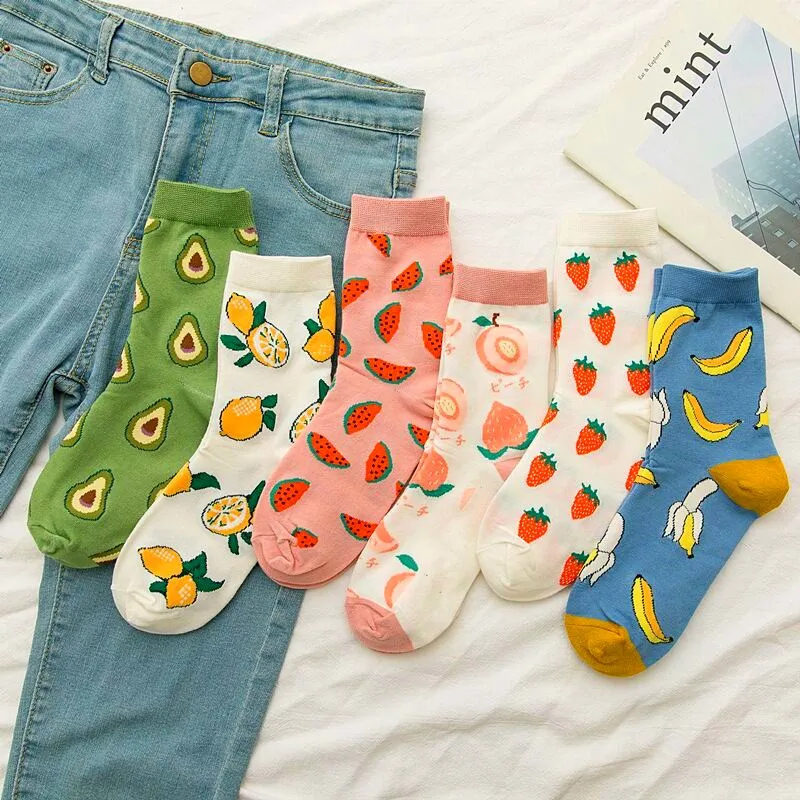 

Women Funny Socks Spring Autumn Cartoon Socks Avocado Lemon Watermelon Peach Strawberry Banana Cotton Harajuku Casual Socks