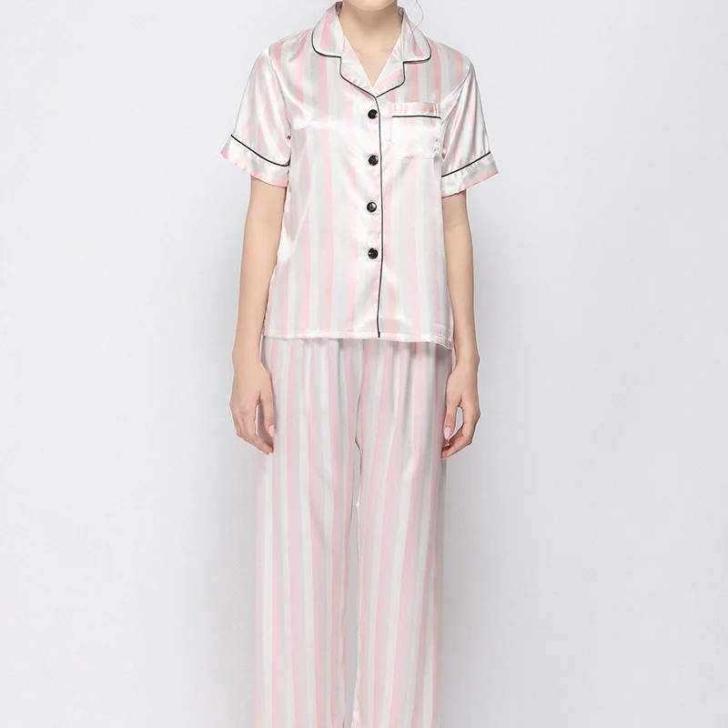 Women's 2 Piece Set Silk Satin Home Clothes Pajamas V Neck Print Sleepwear Short Sleeve Nightwear Suit Female  Pijama