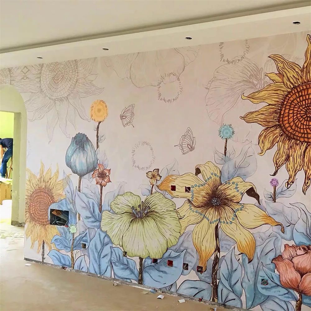 Custom Home Photo Wallpaper Adesivos de Parede Mural Sol Girassol Flor Sala de Estar Quarto Fundo tv