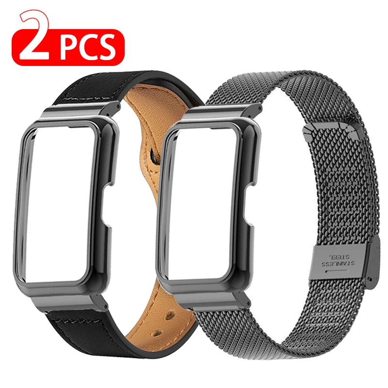 

Leather Bracelets For Huawei Band 8 7 Metal Watchband Case Protector For Huawei Band 6 Pro Belt Honor Band 7 6 Strap Shell Cover