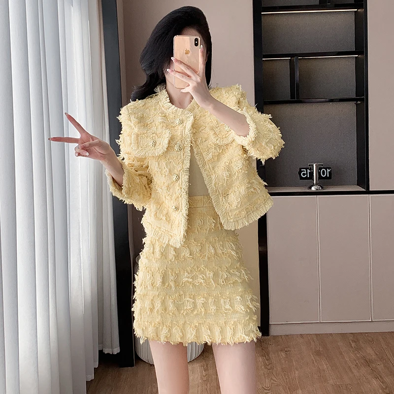 Новая осенне-зимняя женская светло-желтая твидовая юбка костюмы модная короткая