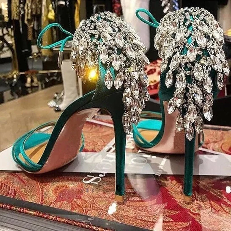 Green Silk Bling Diamond Tassel High Heels Sandals Strappy Peep Toe Glittering Crystal Fringed Wedding Shoes Femme Banquet Shoes