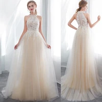 halter lace a line long wedding dress tulle applique beaded pearls floor length formal party gowns vestidos elegantes para mujer