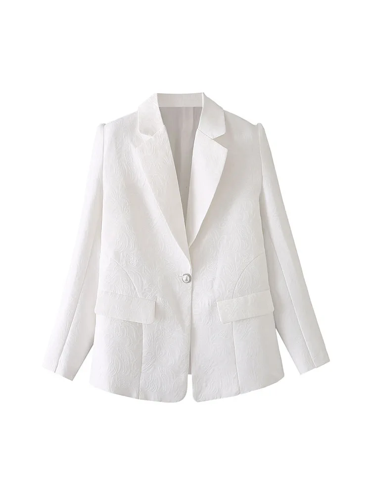 

BM&MD&ZA Women 2022 New Fashion Textures White single buckle Blazer Coat Vintage Long Sleeve Pockets Female Outerwear Chic