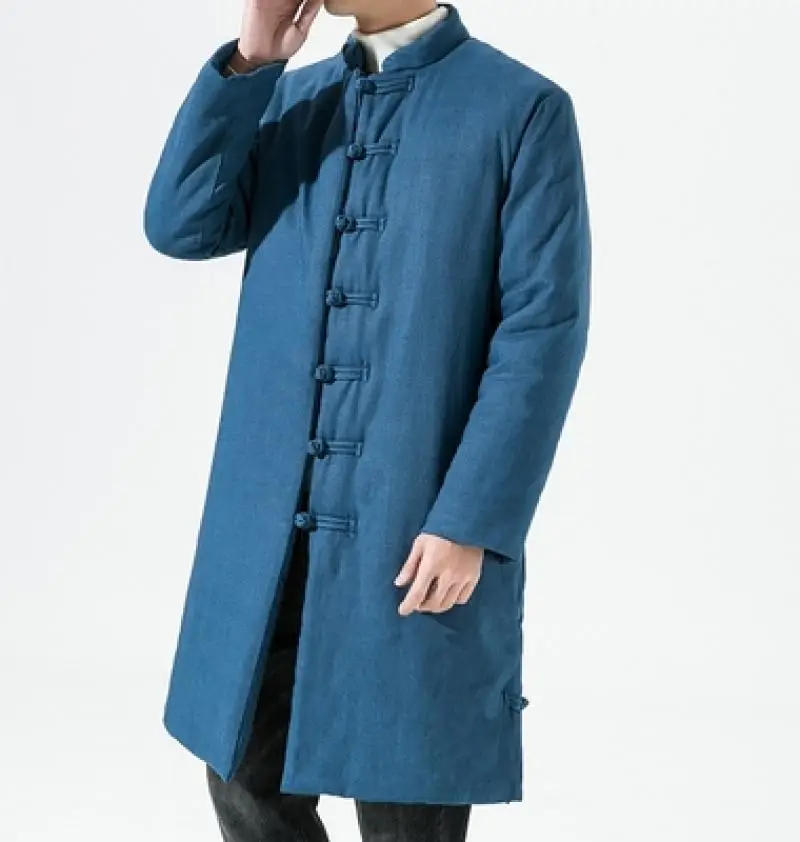 High Quality Hanfu Chinese Style Tang Suit Linen Thick Cotton Coat Winter Chinos Clothes Men Long Black Navy China Jacket Tops