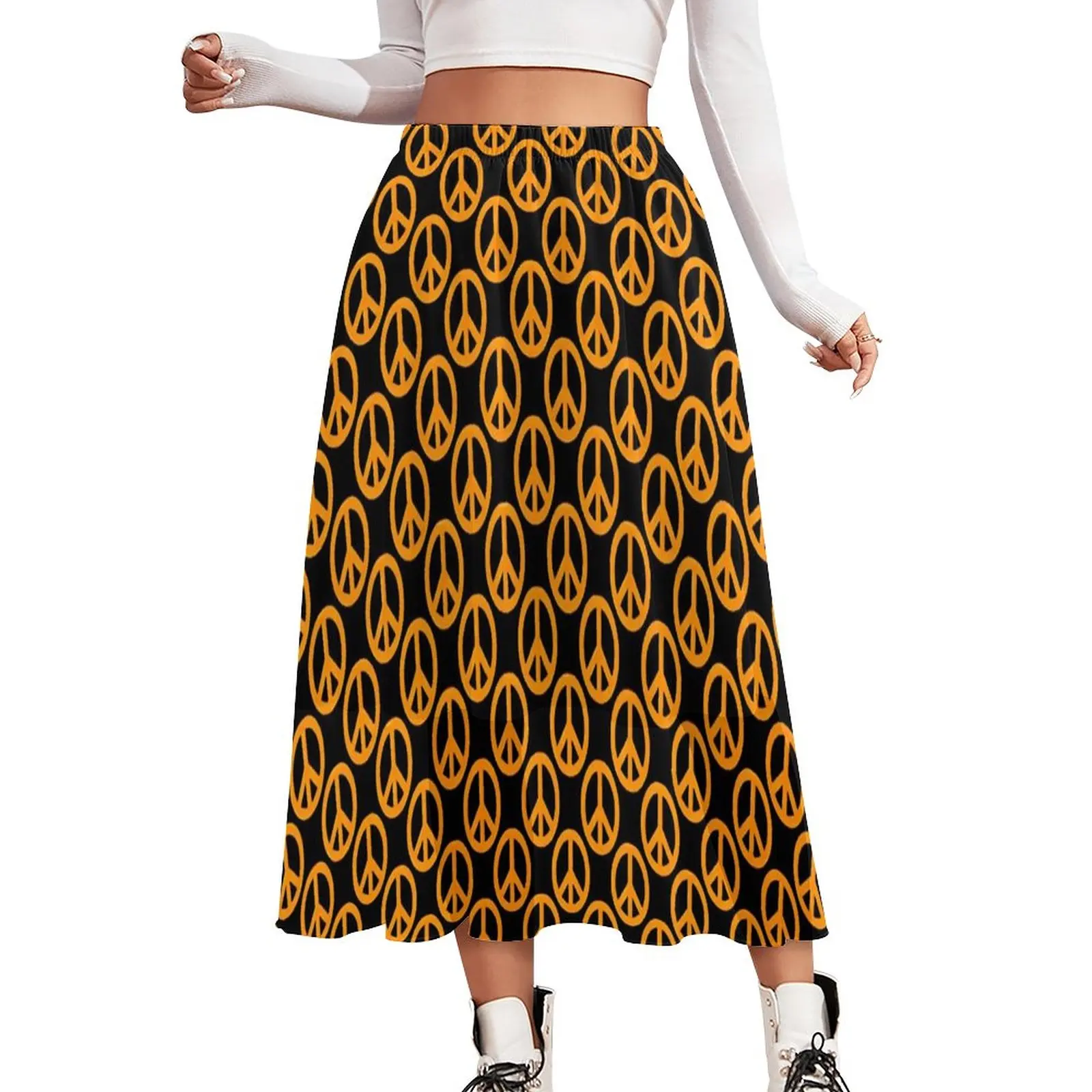 

Оранжевая юбка с надписью Peace, современные длинные юбки с винтажным принтом, летняя уличная одежда, шифоновая повседневная юбка большого размера с эластичным поясом на заказ