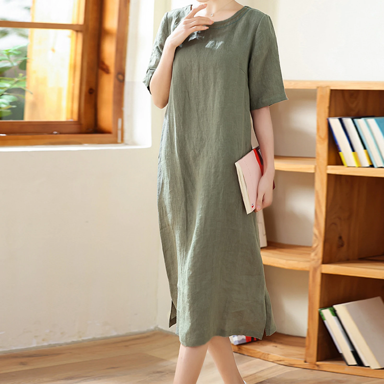 

Womens Casual Vintage Dress SHort Sleeve Summer Linen Elegant Sundress Round Neck Cotton Solid Long Dress Beach Dress Vestido