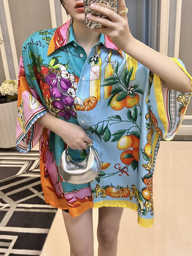 

High Quality Summer Women Fashion Runway Designer Batwing Sleeve Fruit Print Single Breasted Loose Shirts Real Silk Blouses