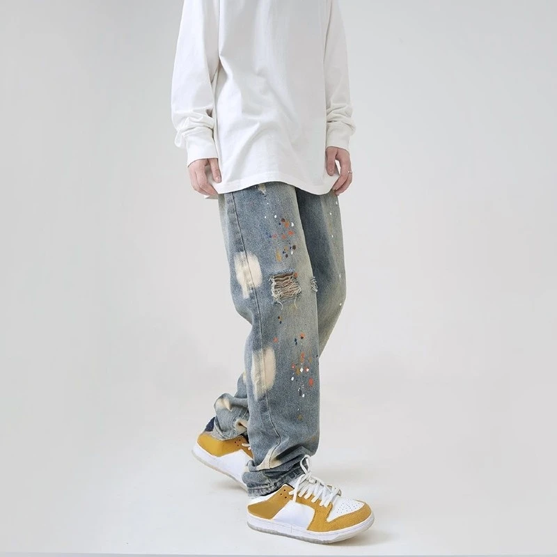 American High Street Retro Splash-Ink Ripped Jeans Men's Fashion Brand Hip Hop Loose Straight Slimming Street Casual Trousers