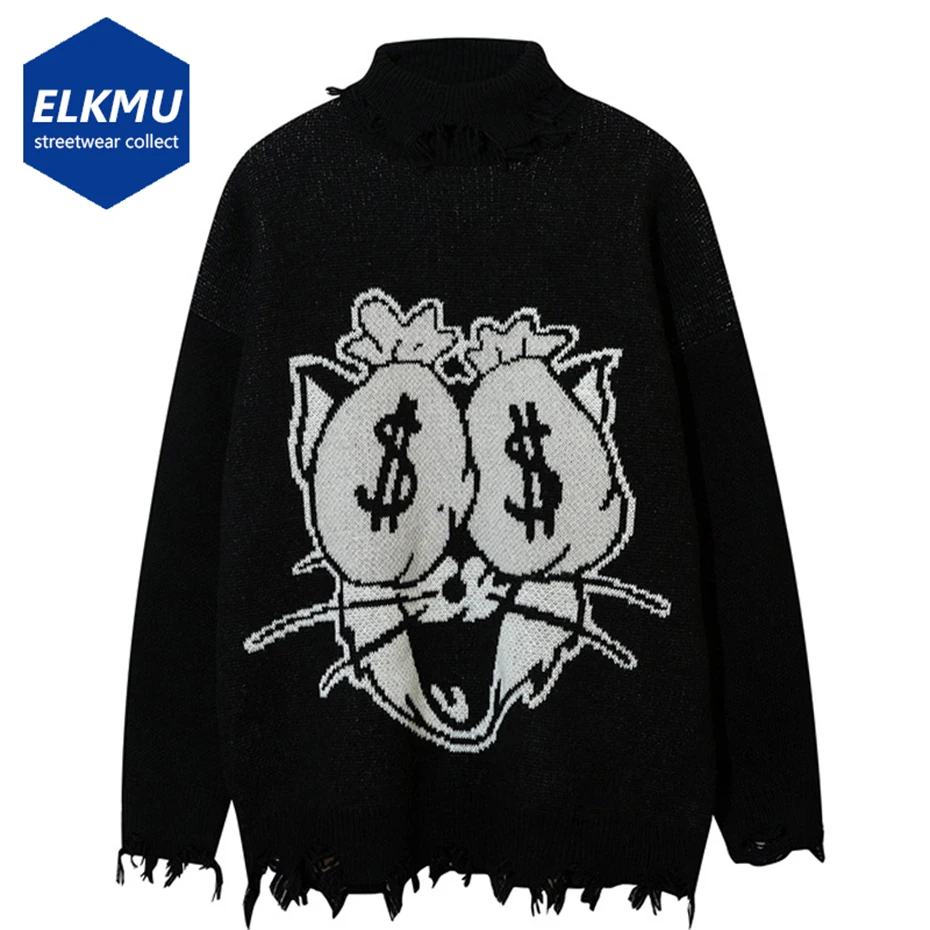 

Punk Gothic Knitted Sweater Funny Cat Graphic High Collar Broken Hole Oversized Hip Hop Sweaters Y2K Clothes Streetwear Jumpers