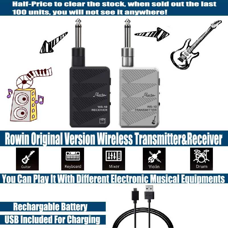 Rowin WS-10 Guitar Wireless System Transmitter Receiver Wireless System Transmission With Rechargeable Battery