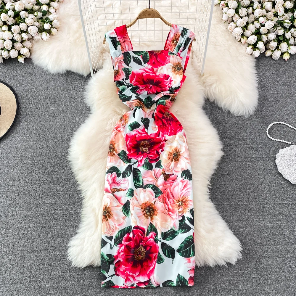 

Женское приталенное платье на бретельках, облегающее платье без рукавов с квадратным вырезом и принтом, лето 2022