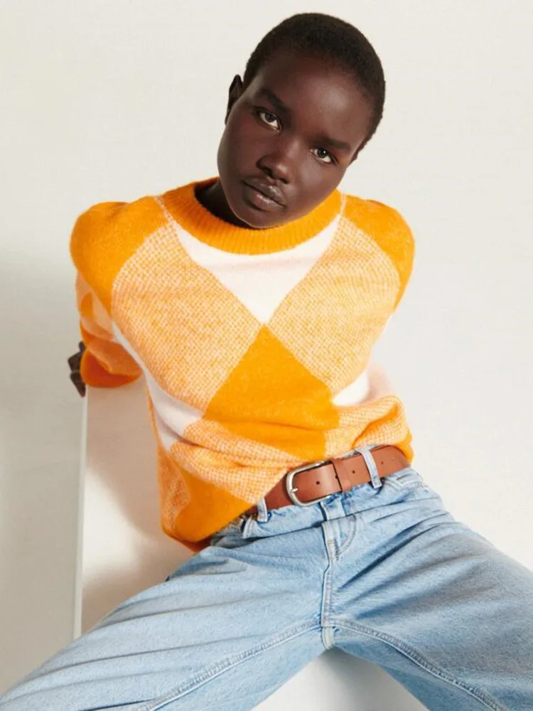 Женский вязаный свитер Za Свободный пуловер с рисунком ромбиками джемпер для