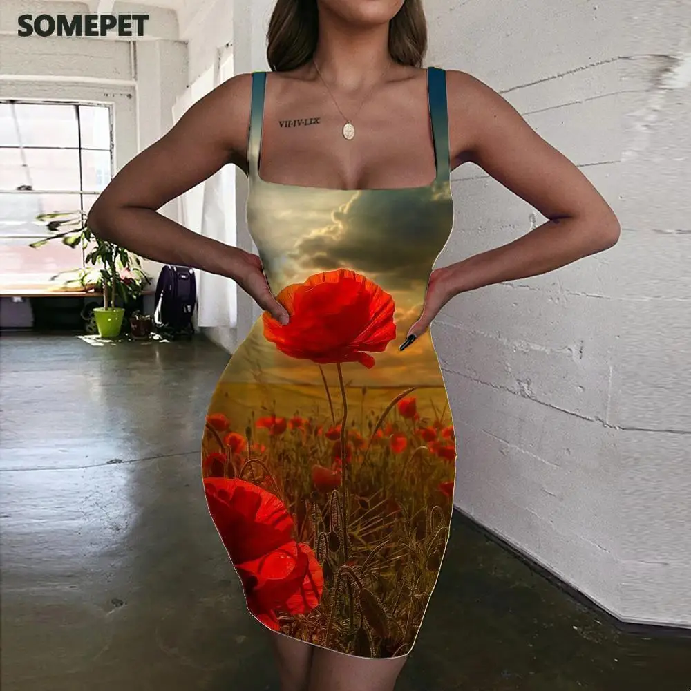

SOMEPET Poppy Flowers Dress Women Graceful 3d Print Sexy Sundress Colorful Ladies Dresses Womens Clothing Plus Size Short