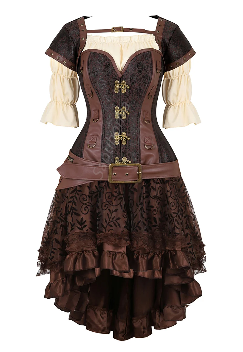 Sapubonva Steampunk Corset Dress Women 3Pcs Skirt Set Bustier Top Sexy Plus Size Vintage Gothic Punk Burlesque Pirate Costume