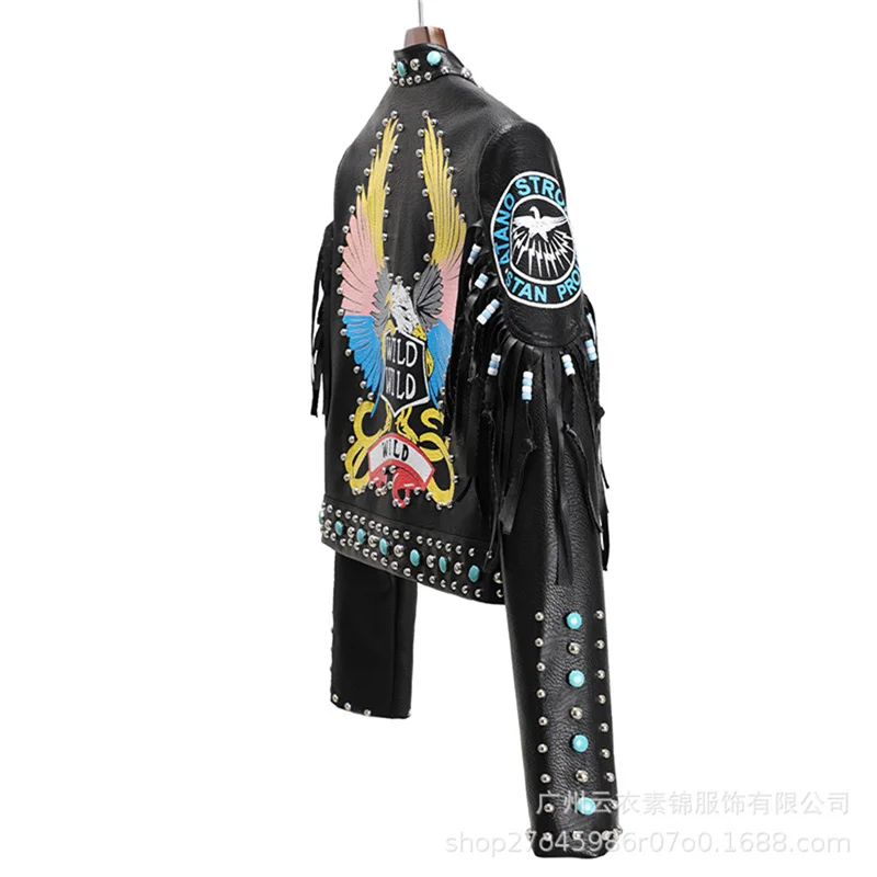 New European And American Women'S Leather Coat, Fashionable Printing, Color Contrast Rivet, Punk Rock Performance Motorcycle Sui enlarge