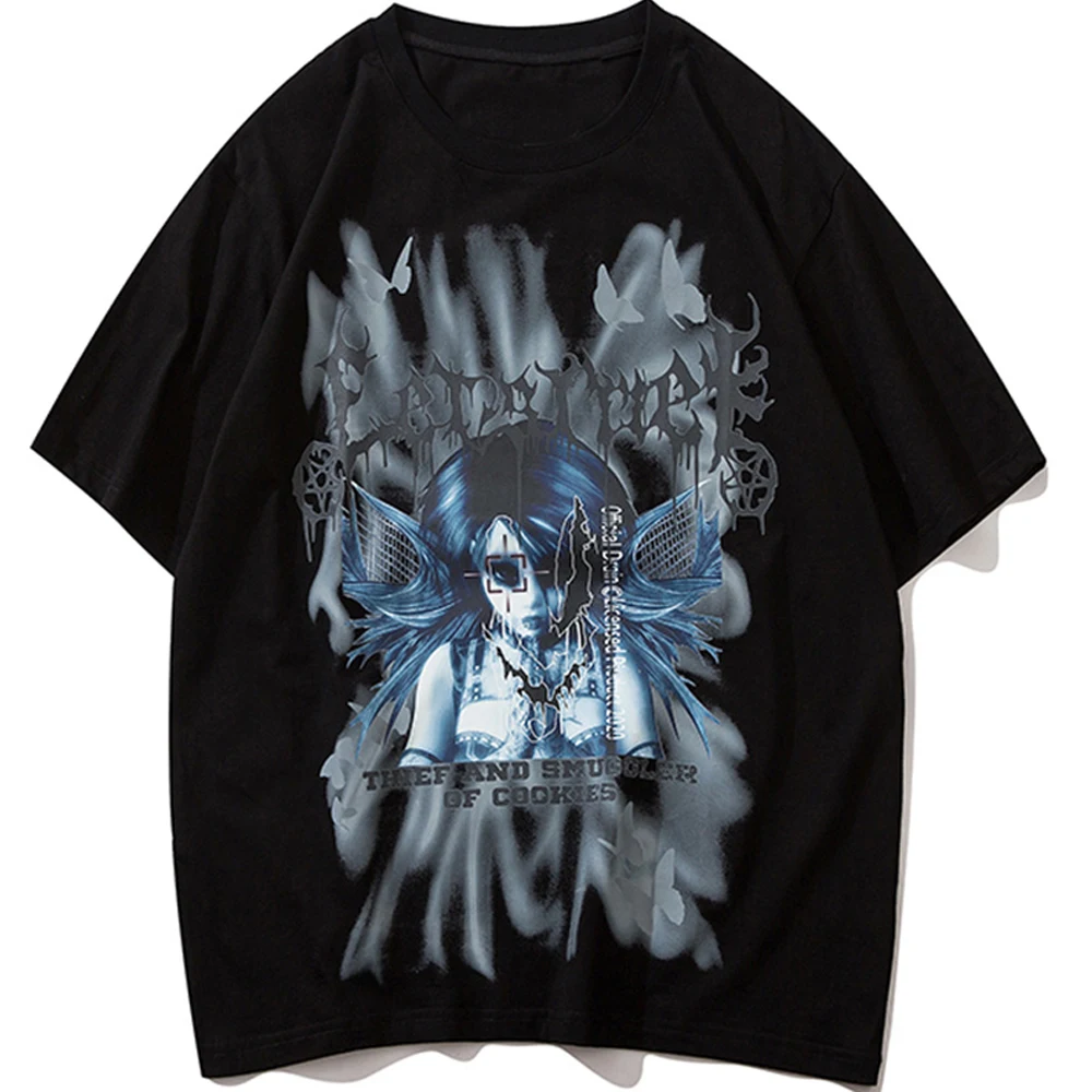 

Hip Hop Women T-shirt Gothic Anime Punk Letter Print Short Sleeve Tshirt for Men/Women Harajuku Oversized T Shirt Cotton Top Tee