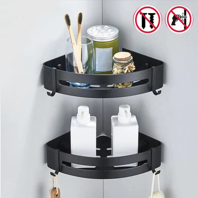 

Triangle Towel Shower Storage Rack Black Corner Shelves Wall Mounted Aluminum Shampoo Holder No Drill Bathroom Shelf Organizer