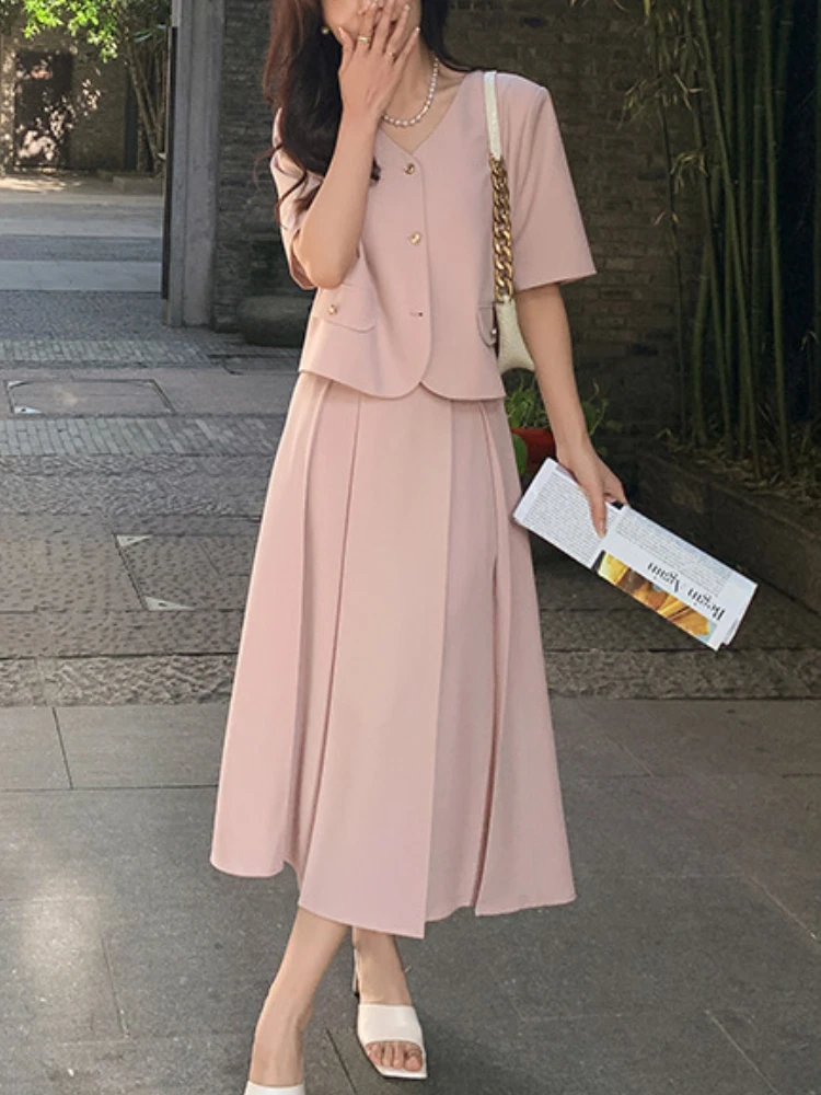 

Summer Women Casual Elegant Crop Blazer Tops A-Line Solid Skirts 2 Pieces Set Korean Fashion Party Female Clothes Outfits New