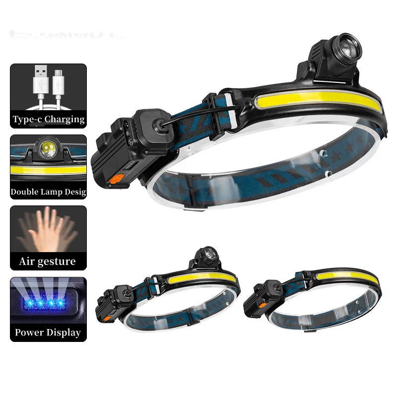 COB LED Headlamp Waterproof Headlight Built-in Battery Flashlight USB Rechargeable Lamp Outdoor Fishing Strong Lighting Work