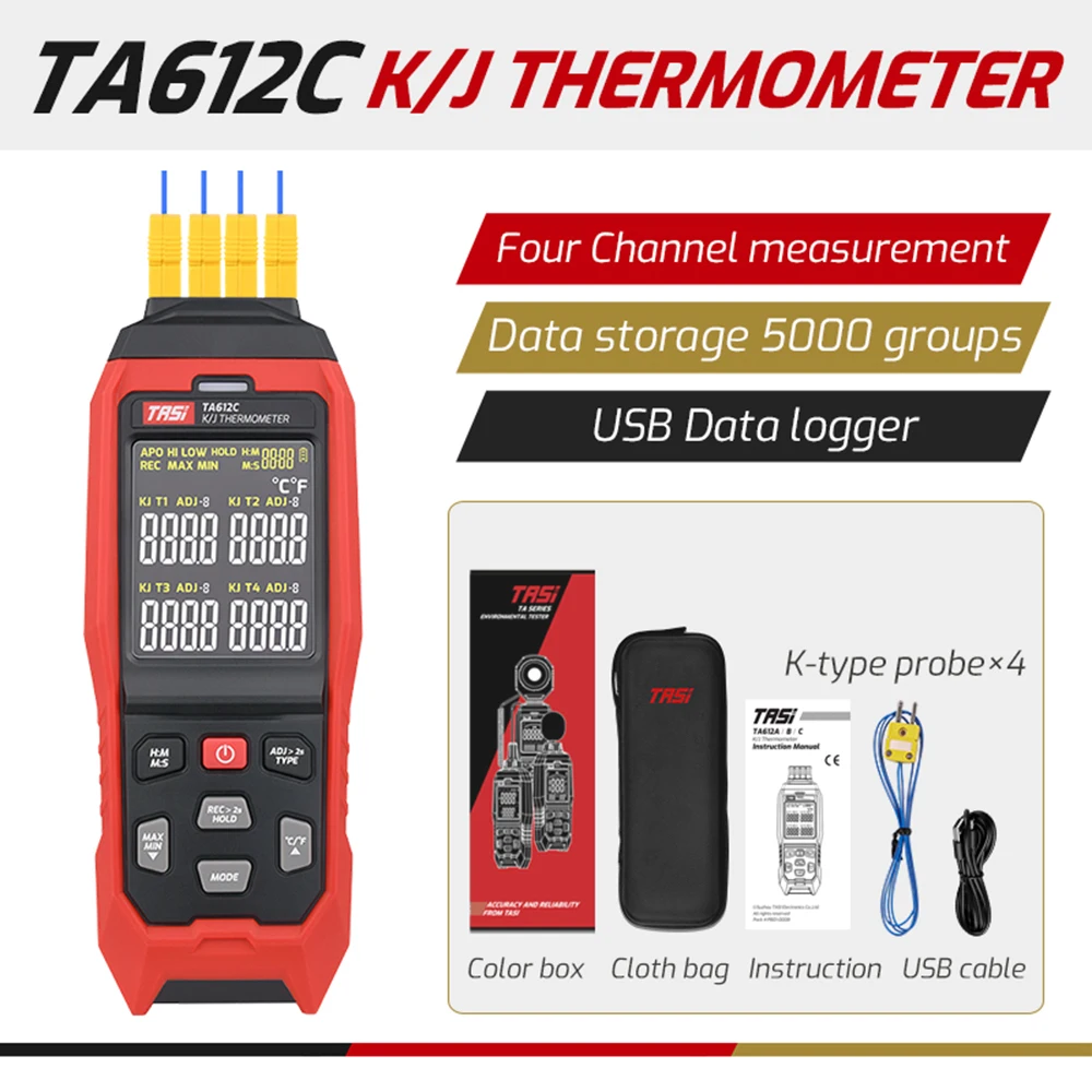 

Портативный цифровой ЖК-измеритель температуры TASI TA612C, 4-канальный термометр K/ J с термопарой-200 ~ 1372 ℃/ -328 ~ 2501 ℉, хранение данных
