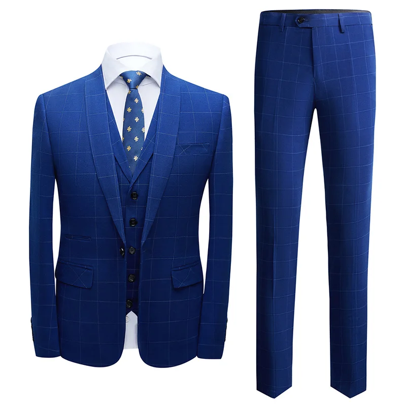 

[Jacket+Pants+Vest] Stylish Formal Blue Checked Suit Peaky Blinders Cosplay Party Dresses Elegant Men Wedding Suits Groom