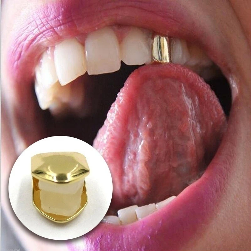 

Delysia King 4 Colors Custom Fit Gold Plated HipHop Single Tooth Grillz Cap Top Bottom Dental Grill Teeth Caps Halloween Cosplay