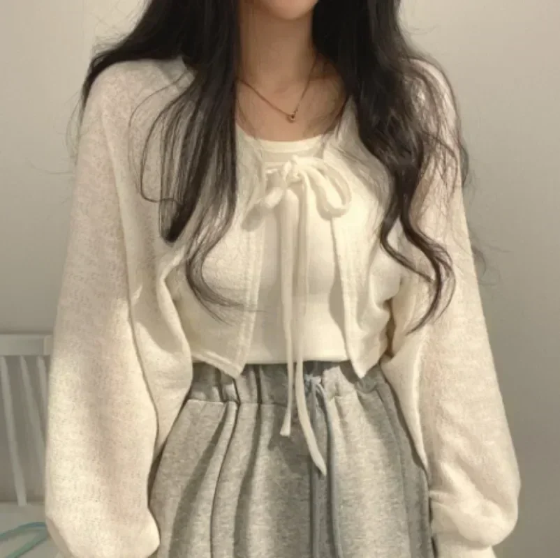 Тонкий белый кардиган с повязками и рукавами-фонариками короткое пальто женский