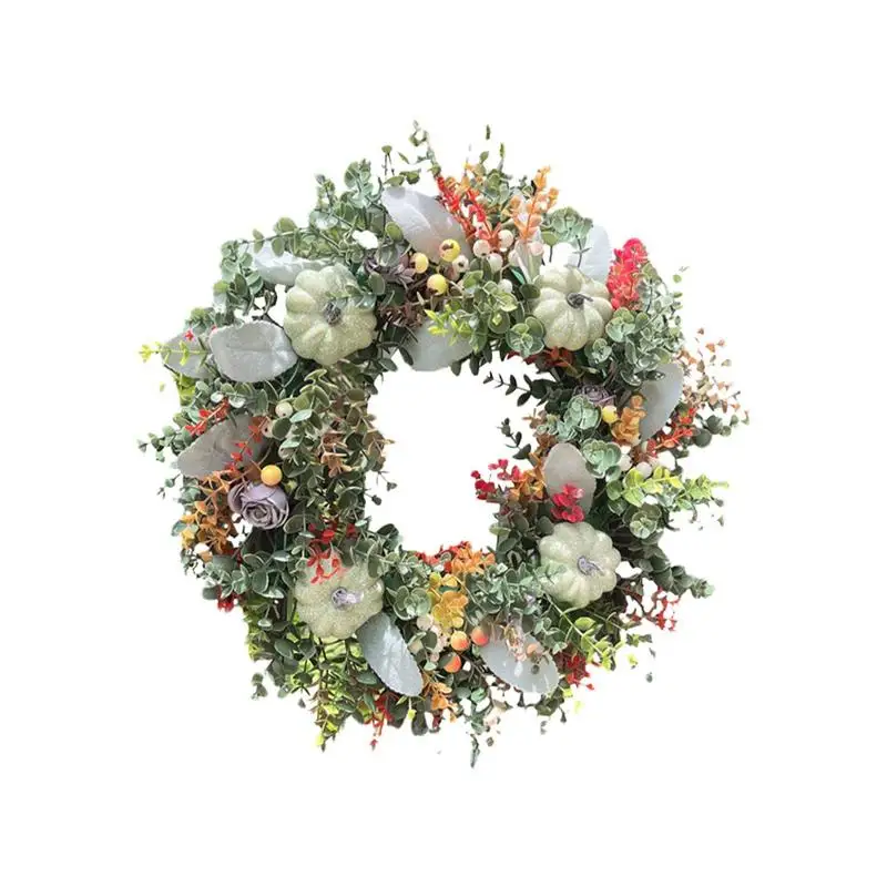 

White Pumpkin Wreath Artificial Autumn Harvest Porch Decor Artificial Lamb's Ear And Eucalyptus Leaves Decor Farmhouse Rustic