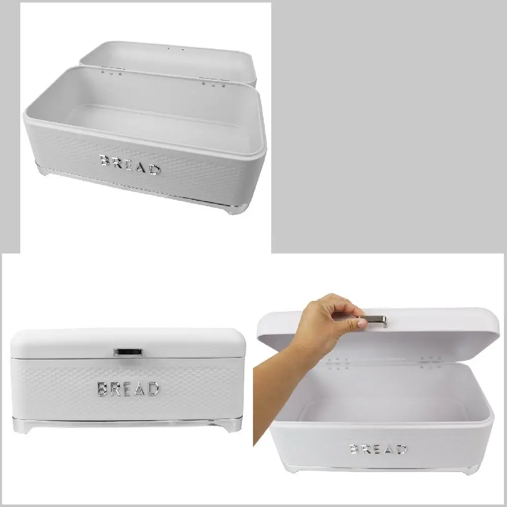 

Charming Handcrafted High Quality White Durable Finish Swing-up Lid Bread Box Tin with Soho Look (144 Characters)