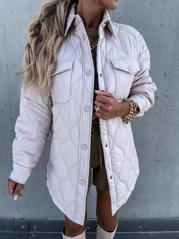 Casual Plaid Lapel Single Breasted Cotton Padded Coat Women 2022 Winter Fashion New Solid Color Long Sleeve Jackets Overcoat
