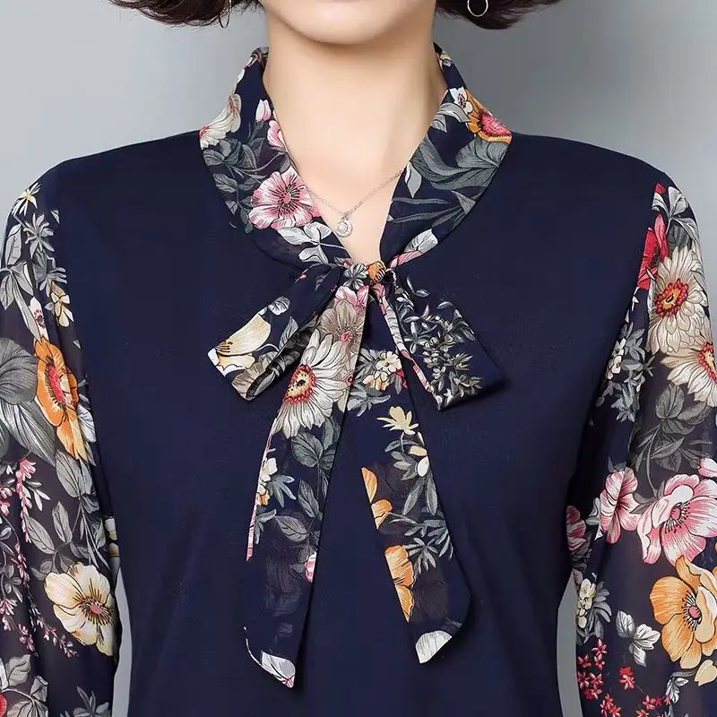 

Suoversizd Chic Printing Scarf Collar Chiffon Shirt Women Fashion Elegant Slim Big Size Blouse Mom Casual Lace-up Spring Tops