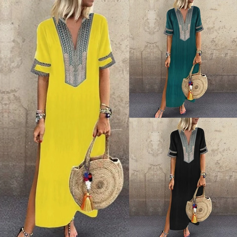 

2023 Women's Fashion New Printed Deep Neck Dress Short Sleeve Plus Size Casual Long Dress