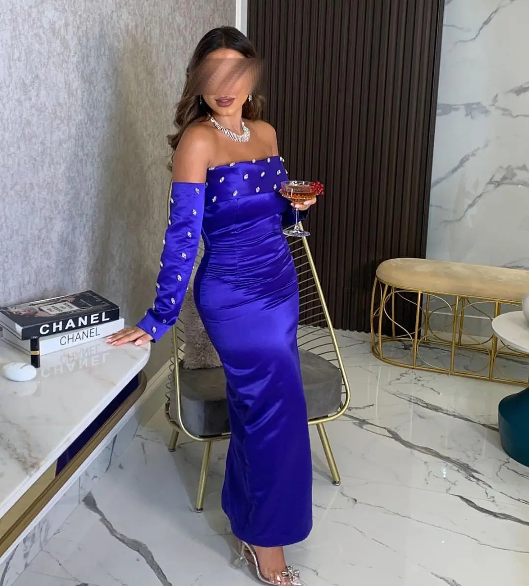 

FDY Mermaid Royal Blue Satin Prom Dresses Beadings Long Sleeves Floor Length Formal Occasion Party Dress Evening Dresses