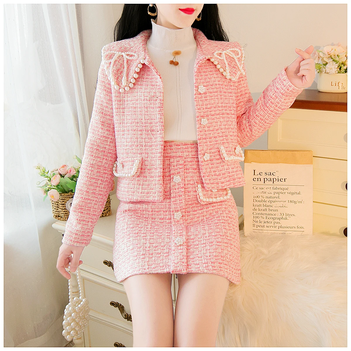 

DALMAZZO Fall Winter High Quality Small Fragrance Tweed Wool 2 Piece Sets Women Beading Slim Short Jacket Coat + Mini Skirt Suit