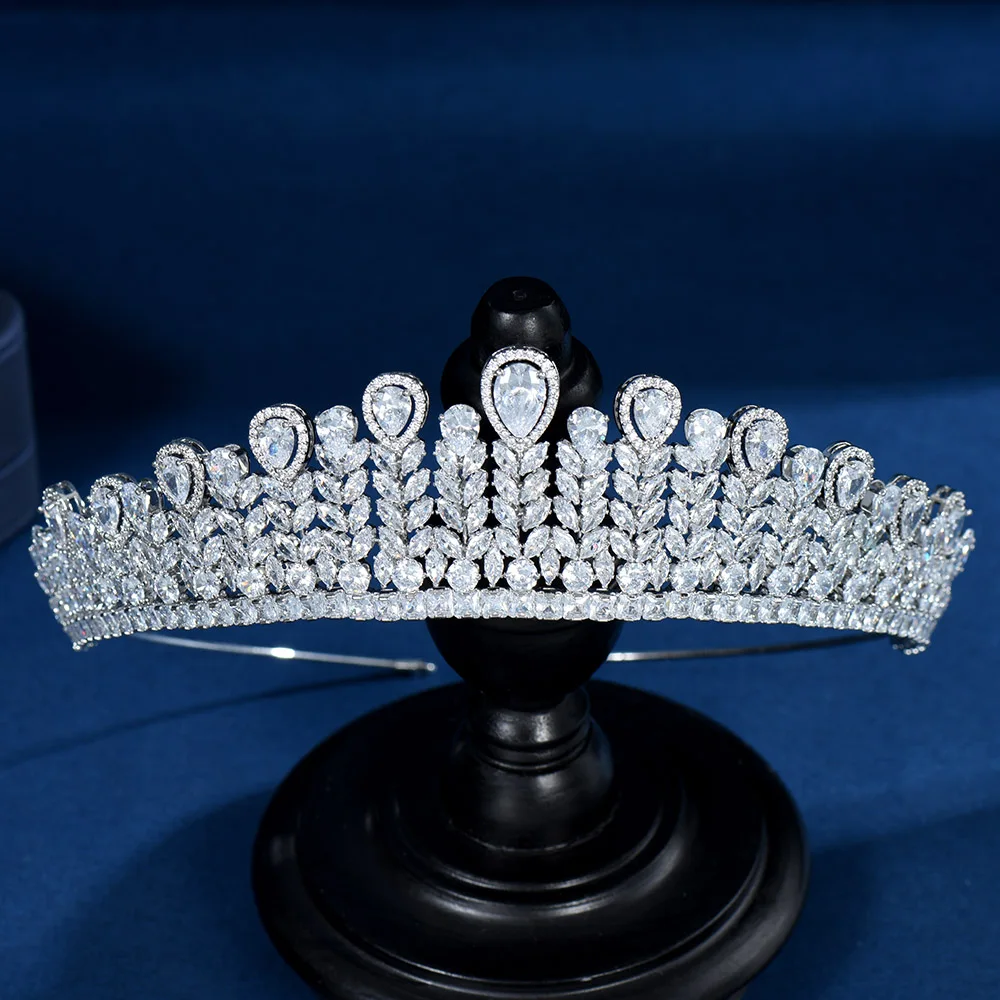 HIBRIDE Temperament Women Wedding Party Hair Accessories Water Drop Shape Cubic Zircon Crowns Dubai Nigeria Bridal Jewelry C-18