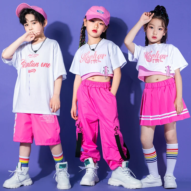

Уличная одежда с рукавами, розовые тактические брюки-карго для девочек, костюм для танцев, детская одежда в стиле K-POP, хип-хоп, белая толстовка, укороченный топ, длинный
