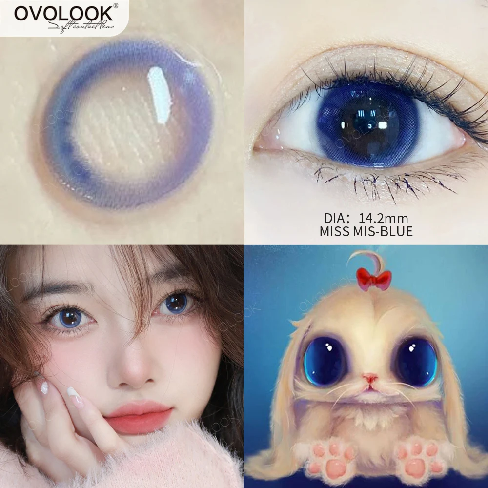 

OVOLOOK-2pcs/pair Blue Beauty Lens Super Natural Eye Color Lens for Myopia Blue Color Contact Lenses for Eyes Yearly Use 14.2mmm