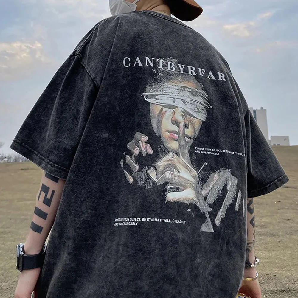 

Hiphop Short-sleeved T-shirt Top Street Pure Water Wash Summer New Cyberpunk Cotton American Abstract Casual Men's Clothing