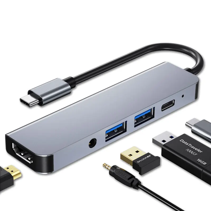 USB-концентратор 5 в 1 для iPad Pro M2 2023 с 4K HDMI-совместимым 3,5 мм AUX PD, быстрая зарядка, док-станция 3,0
