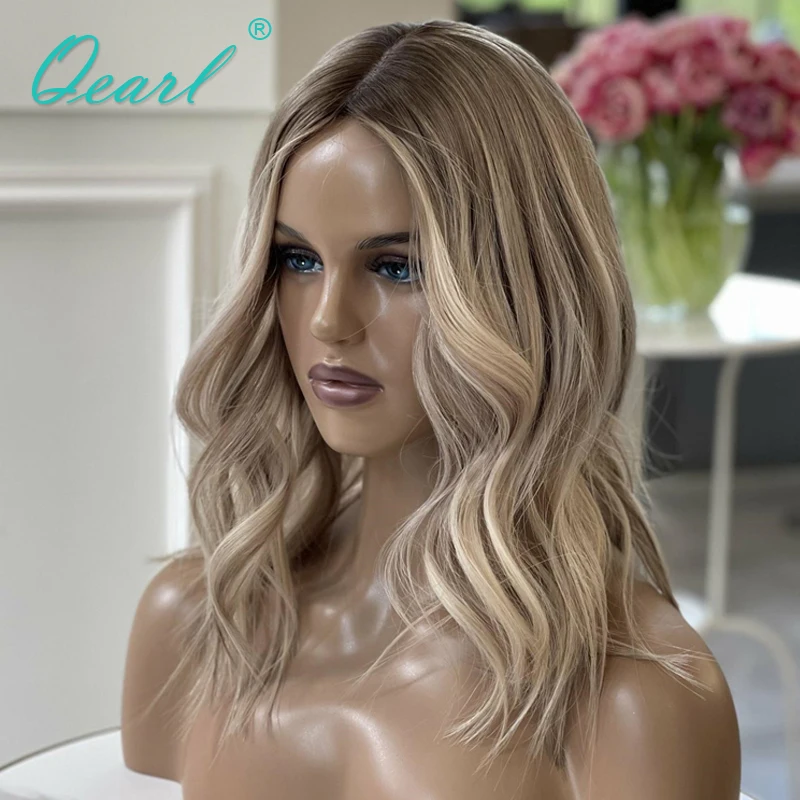 Loose Natural Wavy Human Hair Wigs HD Lace Glueless 13x4 Lace Frontal Wig Light Ash Blonde with Brown Highlights Short Bob Qearl