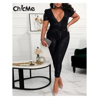 chicme bodycon jumpsuit women sequin deep v neck sexy outfits femme sheer mesh back short sleeve night out party clubwear
