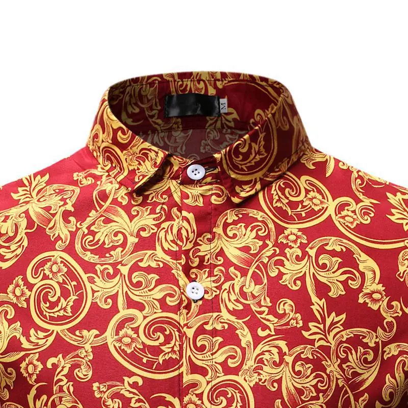 Mattswag Gold Printed Long Sleeve Shirt For Men Spring Autumn Fashion Casual Men's Clothing Slim Fit Party NightClub Dress Shirt