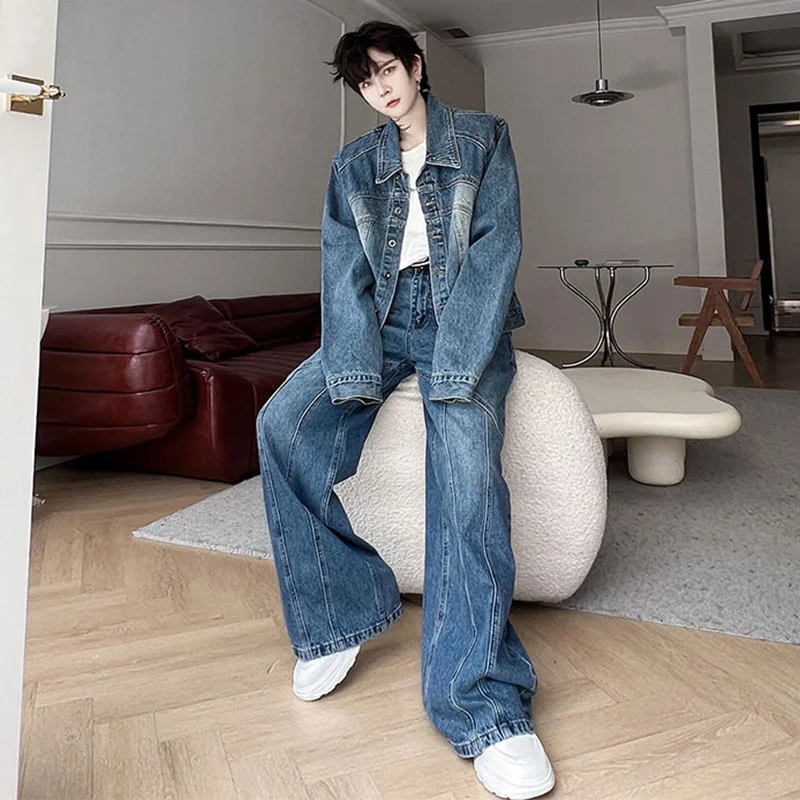 

SYUHGFA Baggy Jeans Fashion Two Piece Trend Men's Autumn Structure Spliced Denim Jacket Sets Loose Wide Leg Jean Pants Suits