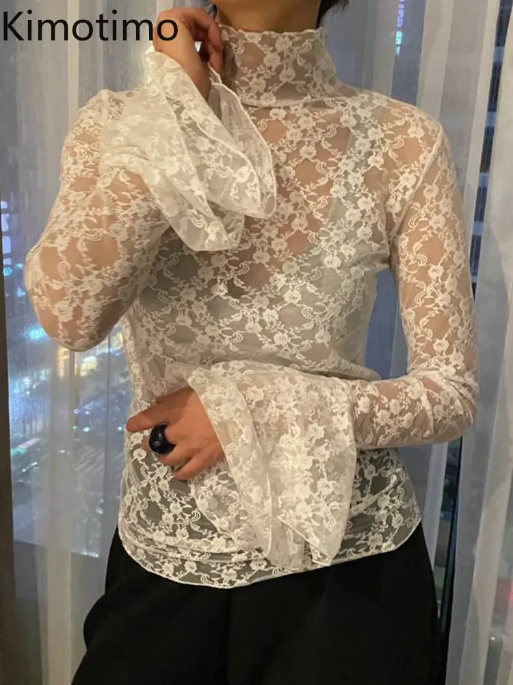 

Kimotimo INS кружевные топы с расклешенными рукавами, Женская корейская мода, водолазка, Прозрачная Тонкая блузка, весна-лето, нежная нижняя руба...