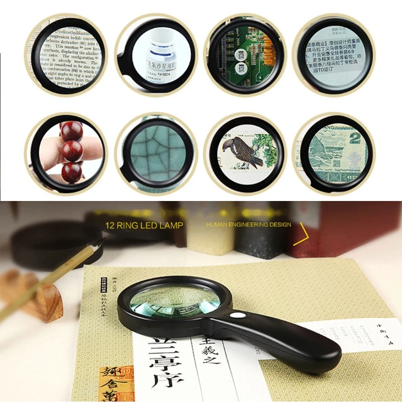 

Multifunctional Reading Magnifying Glasse Lighted Magnifying Glass with 12 LED Illuminated Light For Reading Jewelry Check