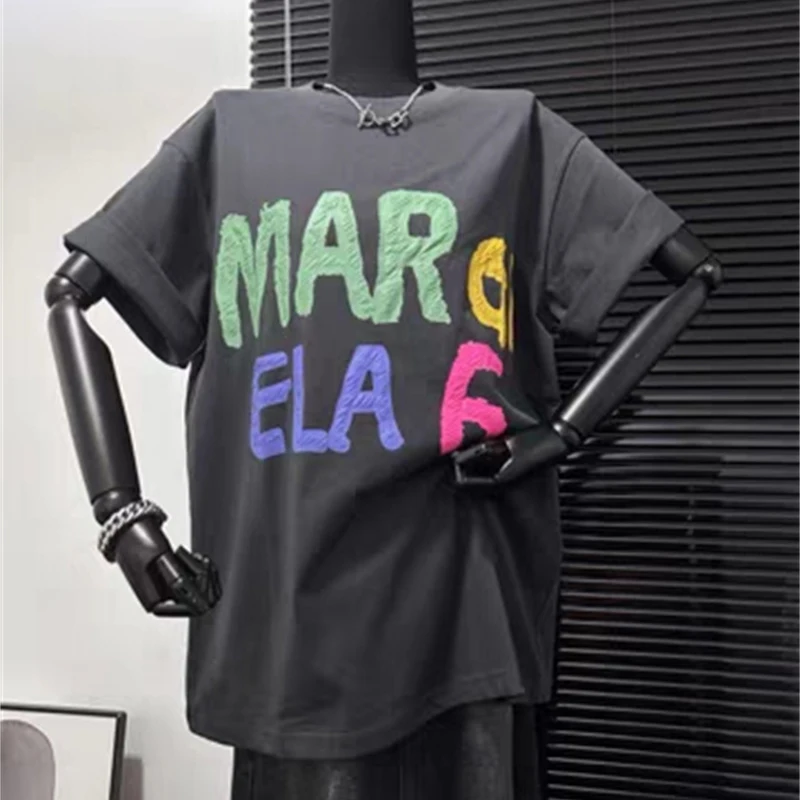 

MM6 Foam Letter Printing Pure Cotton Round Neck Couple High Street 1:1 Black White Short Sleeved Top
