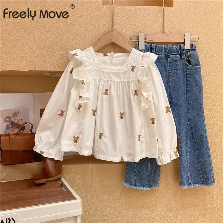 

Freely Move Girl Clothes Sets 2022 Autumn New Children Wear Ruffle Shirt Girl Cartoon Casual Square Collar Top Pants Clothes Set