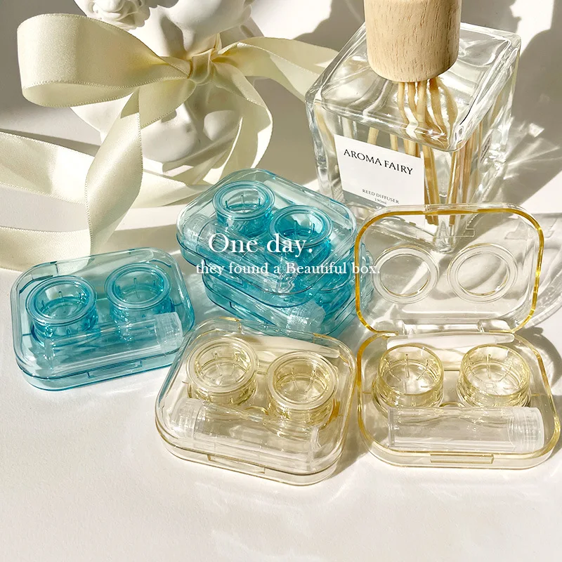 

Ins Fashion Clear Blue Yellow Contact Lens Storage Cases Travel Portable Clear Visual Color Contact Lense Organizer Duplex Case